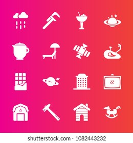 Premium set with fill vector icons. Such as cocktail, water, business, tv, space, building, weather, real, baby, horse, hammer, chocolate, dessert, natural, television, repair, industrial, farming