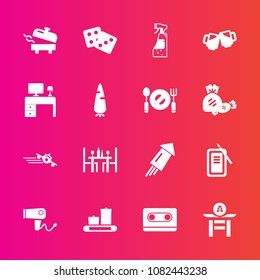 Premium set with fill vector icons. Such as bottle, home, dryer, plane, hair, equipment, holiday, audio, blow, ink, japanese, celebration, culture, travel, water, food, beer, departure, heater, event