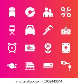 Premium set with fill vector icons. Such as template, game, saturn, price, blossom, play, transportation, air, post, wine, conditioning, mail, drink, mailbox, letter, time, hour, space, flower, red