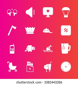 Premium set with fill vector icons. Such as cd, air, dvd, balloon, carriage, cup, audio, life, hot, vintage, chocolate, game, wrench, star, sport, equipment, tennis, disk, phone, buoy, disc, baby, up