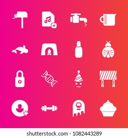 Premium set with fill vector icons. Such as sweet, alien, fun, sign, tap, party, dessert, message, cake, equipment, doughnut, file, space, clown, security, ufo, fiction, liquid, gym, street, sink, box