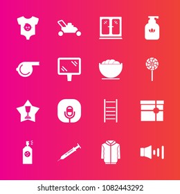 Premium set with fill vector icons. Such as cabinet, bottle, sound, kid, place, object, hygiene, child, lawn, banner, ladder, music, achievement, speaker, grass, clothing, home, clothes, clean, box