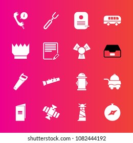 Premium set with fill vector icons. Such as compass, music, identity, musical, transportation, headset, fork, spoon, ocean, safety, hydrant, work, beacon, lighthouse, support, space, department, call