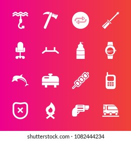Premium set with fill vector icons. Such as van, pistol, food, gun, communication, closed, meat, wrench, grilled, hot, kebab, weapon, transportation, train, wildlife, bonfire, transport, safety, phone