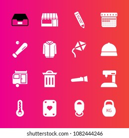 Premium set with fill vector icons. Such as timetable, play, fashion, heavy, time, map, trailer, pencil, temperature, flashlight, light, market, supermarket, store, food, sew, pen, garbage, location