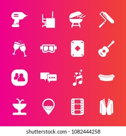 Premium set with fill vector icons. Such as bubble, team, fountain, talk, wine, business, suit, hotdog, tool, drink, work, desk, barbecue, music, social, musical, cooking, movie, industry, roll, table