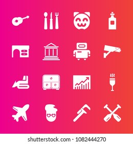 Premium set with fill vector icons. Such as musical, guitar, fork, repair, alcohol, canoe, red, hipster, industrial, plane, boat, service, knife, asian, tool, industry, drawer, construction, spoon