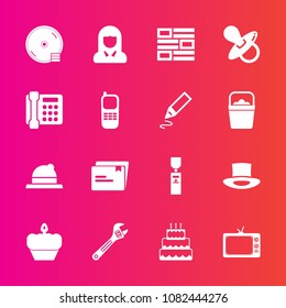 Premium set with fill vector icons. Such as lady, pie, style, hat, kid, woman, pacifier, gallon, file, face, spanner, food, young, dessert, screen, internet, disk, paper, news, hammer, newspaper, tool