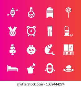Premium set with fill vector icons. Such as play, seafood, technology, clothing, music, home, sandbox, cake, baby, kid, summer, letter, hat, childhood, bed, musical, mailbox, sound, sand, travel, sea