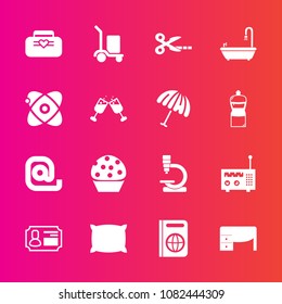 Premium set with fill vector icons. Such as delivery, document, communication, cut, tourism, table, bag, pillow, research, office, travel, desk, sweet, work, id, mail, object, science, bathroom, card