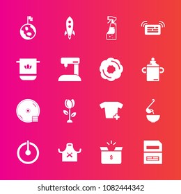 Premium set with fill vector icons. Such as blossom, nature, shirt, housework, spring, bottle, fashion, disk, notification, document, switch, space, disc, launch, restaurant, pack, clothes, message