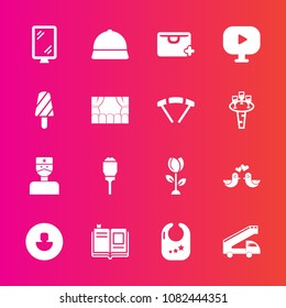 Premium set with fill vector icons. Such as nature, doctor, transport, human, spring, blossom, child, baby, sale, hat, library, textbook, media, toy, pigeon, lantern, light, sign, video, flower, add