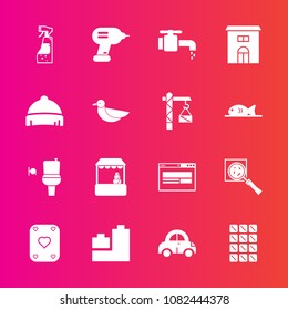 Premium set with fill vector icons. Such as tap, transport, drill, housework, building, wc, grocery, toy, faucet, transportation, supermarket, bottle, find, estate, fashion, vehicle, bar, style, ball