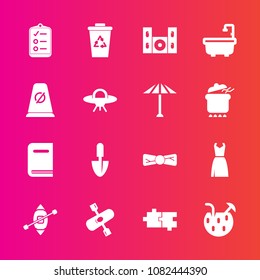 Premium set with fill vector icons. Such as waste, summer, book, bow, library, elegance, activity, tool, boat, tie, sailboat, cocktail, technology, shovel, female, recycle, glass, list, toilet, sign