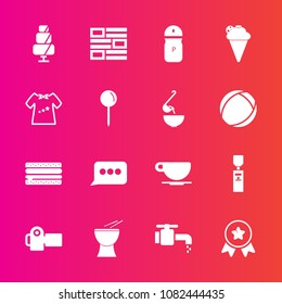 Premium set with fill vector icons. Such as salt, musical, spice, chat, music, food, place, cheeseburger, cream, ice, liquid, cake, sign, drink, tap, newspaper, dessert, seasoning, photo, news, camera