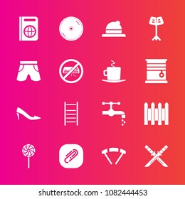 Premium set with fill vector icons. Such as hat, clothing, katana, faucet, orchestra, tourism, disk, parachuting, dvd, shoe, weapon, document, sweet, japanese, cd, clip, disc, samurai, travel, style