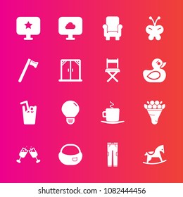 Premium set with fill vector icons. Such as glass, red, insect, decoration, fashion, computer, juice, toy, white, cappuccino, cloud, equipment, drink, chair, cup, baby, light, armchair, object, child