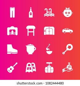 Premium set with fill vector icons. Such as toy, red, infant, finance, money, dinner, wine, soup, glass, tea, pants, food, guitar, sack, footwear, sport, white, baby, sign, teapot, breakfast, rattle