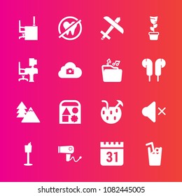Premium set with fill vector icons. Such as work, play, hairdryer, nature, blow, mute, health, calendar, dental, cold, glass, ball, healthy, drink, hair, white, toy, aircraft, summer, desk, airplane