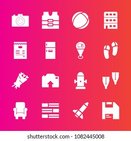 Premium set with fill vector icons. Such as beautiful, upload, water, rocket, diskette, refrigerator, flower, safety, protective, department, clothing, newspaper, food, kitchen, news, city, sea, vest