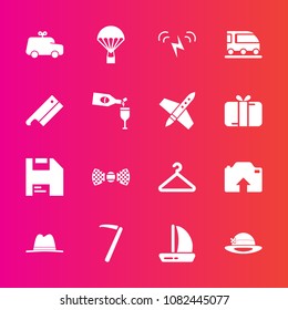 Premium set with fill vector icons. Such as cloakroom, upload, play, axe, wrench, computer, hammer, train, transport, alcohol, diskette, tie, vehicle, hat, jump, car, spanner, ship, van, tool, photo