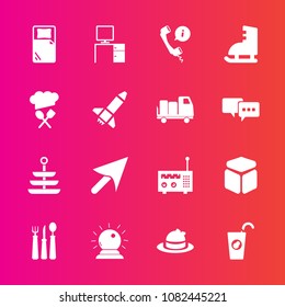 Premium set with fill vector icons. Such as media, web, food, hat, square, cube, desk, fashion, dinner, support, sorcery, call, drink, ice, sign, work, bed, rocket, fork, plate, magic, technology