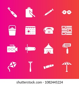 Premium set with fill vector icons. Such as restaurant, brush, calendar, card, camera, musical, sound, hygiene, time, health, timetable, cutlery, umbrella, japan, care, clean, video, bucket, leisure