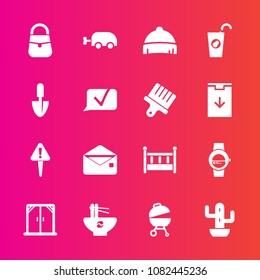 Premium set with fill vector icons. Such as cradle, meal, mail, fashion, fruit, headwear, bag, window, message, grill, food, baby, nature, communication, clothing, watch, barbecue, envelope, hat, sign