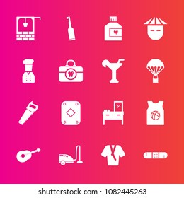 Premium set with fill vector icons. Such as dental, mouth, domestic, construction, bathrobe, equipment, electric, team, play, asian, vacuum, japanese, home, musical, housework, stone, young, guitar