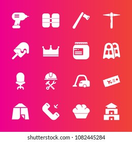 Premium set with fill vector icons. Such as phone, oxygen, pagoda, cake, industry, chair, builder, camp, airplane, cylinder, helmet, equipment, travel, sign, screwdriver, culture, call, armchair, food