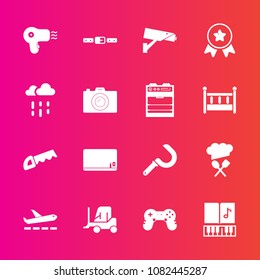 Premium set with fill vector icons. Such as musical, music, award, airport, belt, truck, joystick, travel, work, surveillance, sickle, winner, construction, play, sound, blank, place, weather, chalk