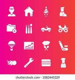 Premium set with fill vector icons. Such as clinic, dentistry, spanner, fork, real, data, chief, hammer, parachuting, party, celebration, equipment, fun, house, concept, wrench, restaurant, estate