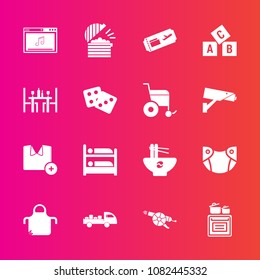 Premium set with fill vector icons. Such as fashion, hostel, food, noodle, truck, gun, white, cook, ticket, newborn, baby, military, infant, care, bowl, shipping, pinafore, gambling, education, music