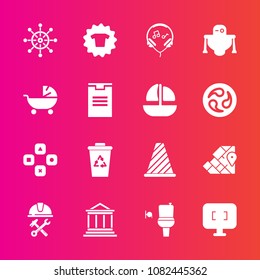 Premium set with fill vector icons. Such as audio, rudder, waste, public, restroom, street, bank, helmet, game, shirt, geography, foreman, traffic, fashion, banking, recycling, fun, industry, garbage