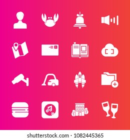 Premium set with fill vector icons. Such as cheeseburger, seafood, user, account, food, red, estate, profile, alarm, sound, data, safety, domestic, real, spaceship, sign, camera, burger, wine, crab