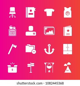 Premium set with fill vector icons. Such as flame, clothes, road, clothing, direction, hammer, cardboard, tool, box, furniture, spanner, comfortable, wrench, nature, file, bonfire, directory, mountain
