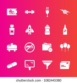 Premium set with fill vector icons. Such as street, price, decoration, gym, medicine, service, space, alcohol, medical, drink, pill, document, coupon, wine, folder, rocket, data, water, red, banner