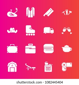 Premium set with fill vector icons. Such as meat, axe, food, photo, oven, sandwich, photographer, staple, snack, barn, farming, coat, hot, camera, teapot, bike, clothing, object, bicycle, fitness, cap