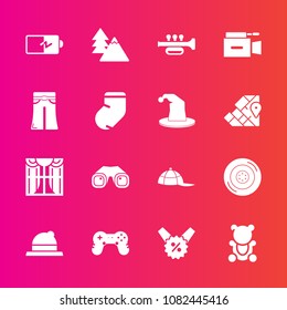 Premium set with fill vector icons. Such as television, curtain, cap, fluffy, microphone, cute, music, tire, hat, price, bear, full, fashion, battery, power, window, headwear, clothing, auto, teddy