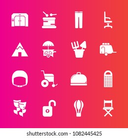 Premium set with fill vector icons. Such as balloon, parachute, restaurant, food, music, instrument, belt, grater, wheelchair, sound, hot, adventure, helmet, trousers, work, blossom, handicap, air