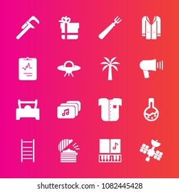 Premium set with fill vector icons. Such as clothing, coffee, spaceship, alien, industrial, equipment, musical, satellite, coat, shirt, fashion, cardiology, vehicle, reparation, sound, package, box