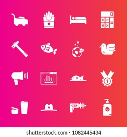 Premium set with fill vector icons. Such as hat, communication, megaphone, winner, space, weapon, potato, fish, loudspeaker, business, drink, analytics, snack, mower, sugar, accounting, west, garden