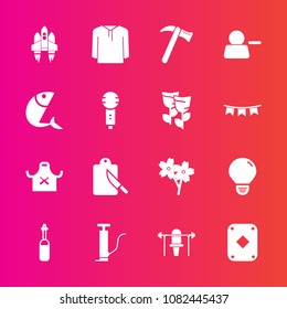 Premium set with fill vector icons. Such as tool, flower, energy, jacket, account, idea, hammer, wrench, fitness, fish, medicine, seafood, light, weight, spring, pump, white, game, sakura, sign, craft