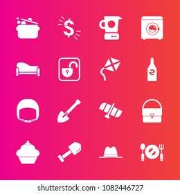 Premium set with fill vector icons. Such as mixer, belt, sofa, shovel, cake, station, unlock, wash, currency, dessert, bag, home, technology, sweet, housework, construction, cooking, food, security