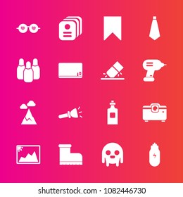 Premium set with fill vector icons. Such as business, landscape, shine, beverage, sign, sunglasses, fiction, identity, blue, hippie, lifestyle, lamp, cone, space, glasses, ufo, mountain, electric, tie