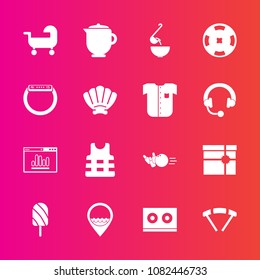 Premium set with fill vector icons. Such as pin, ice, work, summer, music, life, present, jacket, job, bowling, casette, box, meal, sky, baby, extreme, location, poker, sport, safety, fun, parachute