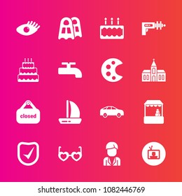 Premium set with fill vector icons. Such as direction, market, cake, ship, dessert, beauty, screen, check, security, sunglasses, boat, hippie, wind, health, highway, tv, sweet, fashion, pie, bus, food