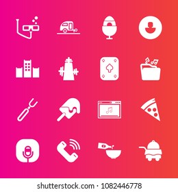 Premium set with fill vector icons. Such as journey, dessert, spoon, dinner, easter, avatar, service, microphone, ice, mask, restaurant, phone, fork, sound, trailer, room, holiday, kitchen, food, sign