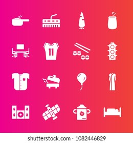 Premium set with fill vector icons. Such as celebration, white, dish, bedroom, dinner, meal, heater, video, furniture, space, carrot, fashion, speaker, vegetable, birthday, percussion, female, table