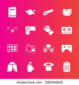 Premium set with fill vector icons. Such as planet, trash, broom, table, cup, drink, cleaner, game, joystick, sky, nature, bird, hot, energy, bin, travel, tent, saturn, chinese, adventure, food, play